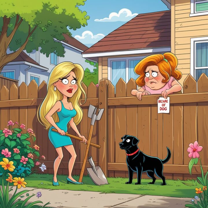 Cartoon illustration of suburban neighbors feuding over a backyard fence with flowers, barking dog, security camera, and nosy neighbor; humorously highlighting how good fences don’t always make good neighbor