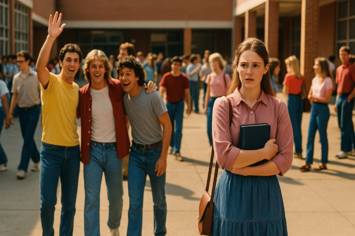 Illustration of growing up Pentecostal in public school, 1980s high school scene