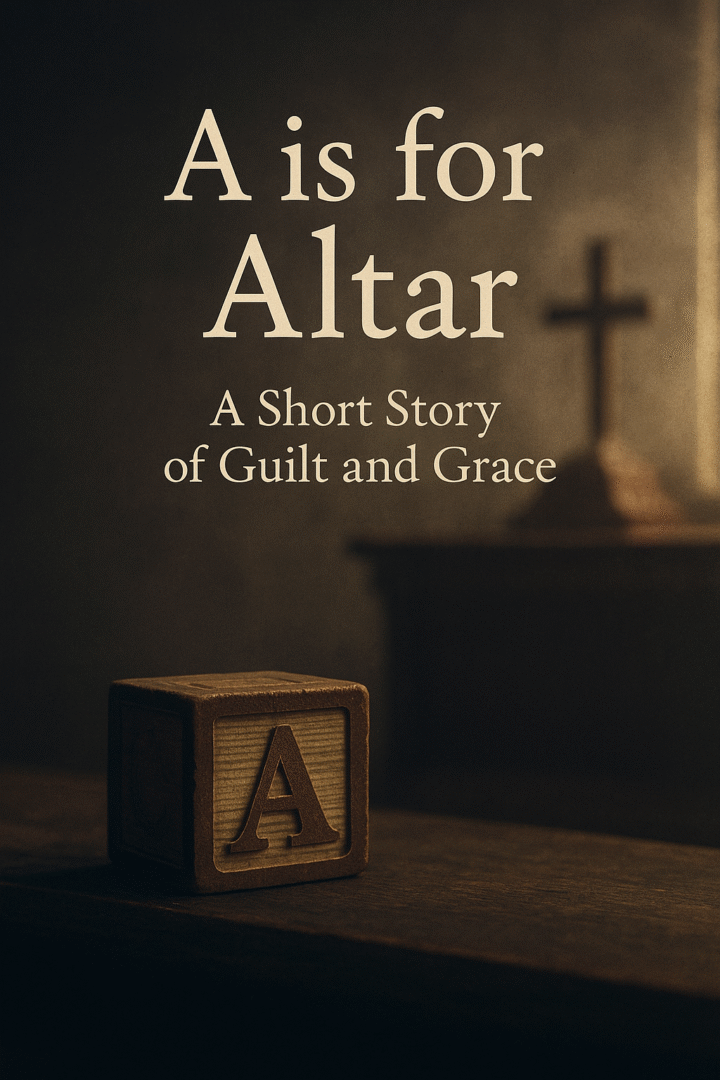 Cover image for the short story "A is for Altar," featuring a wooden alphabet block marked "A" in front of a softly lit church altar, symbolizing guilt and grace.
