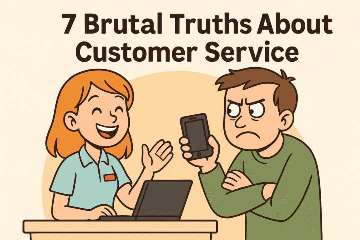 Cartoon illustration of a retail employee facing burnout in customer service , seated at a service counter with a frustrated client.
