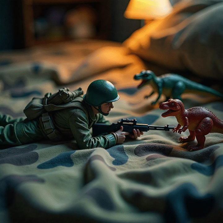 Flash fiction war story image — toy soldier in mud representing the emotional impact of war on childhood.