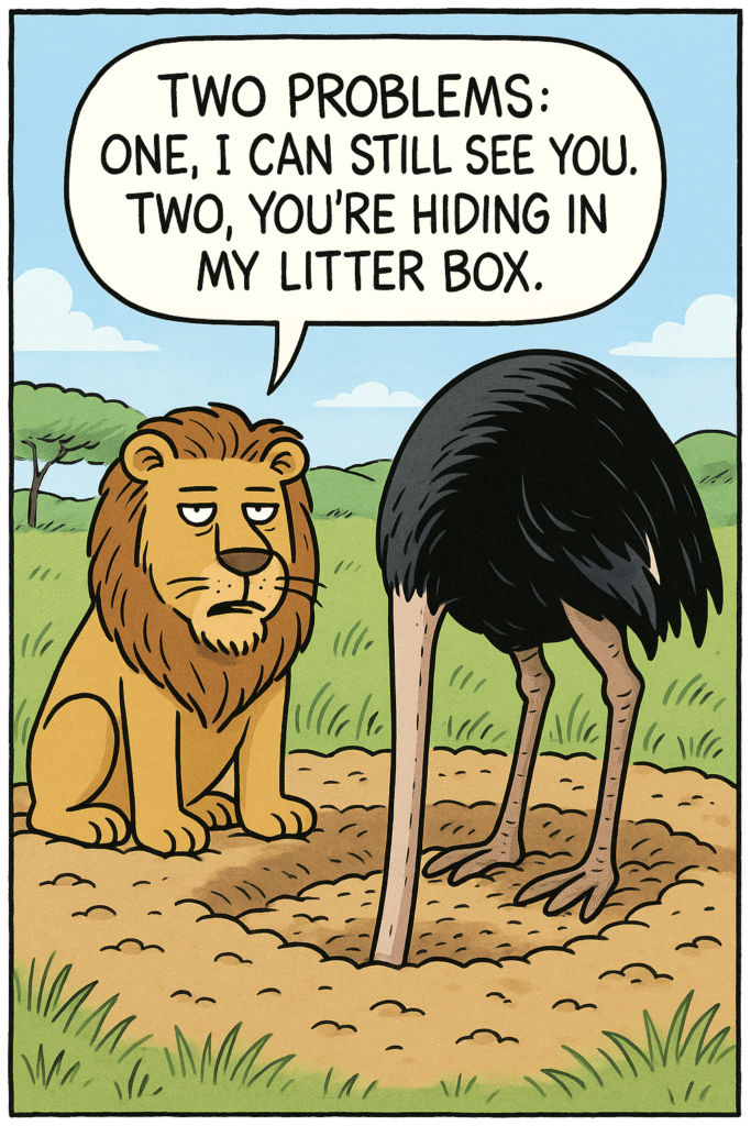 Cartoon of ostrich mentality hiding from problems