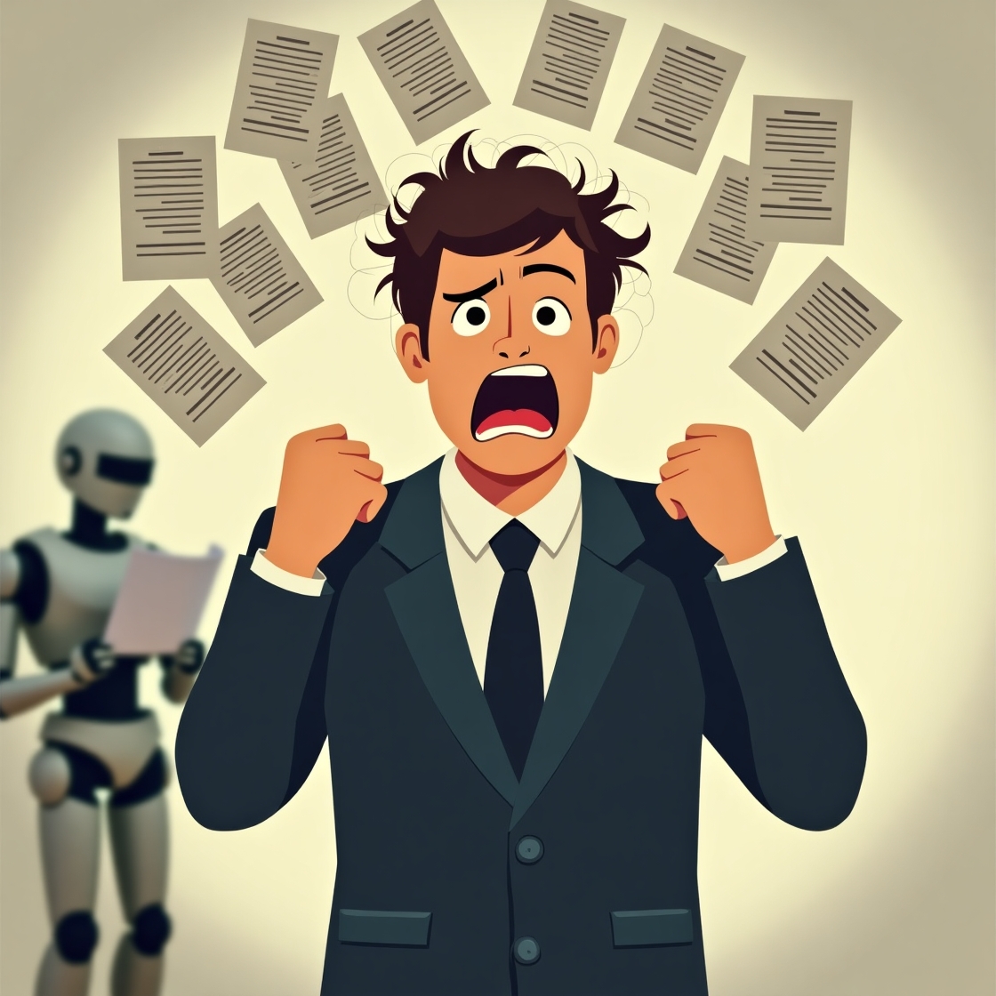 Frustrated job applicant with papers flying